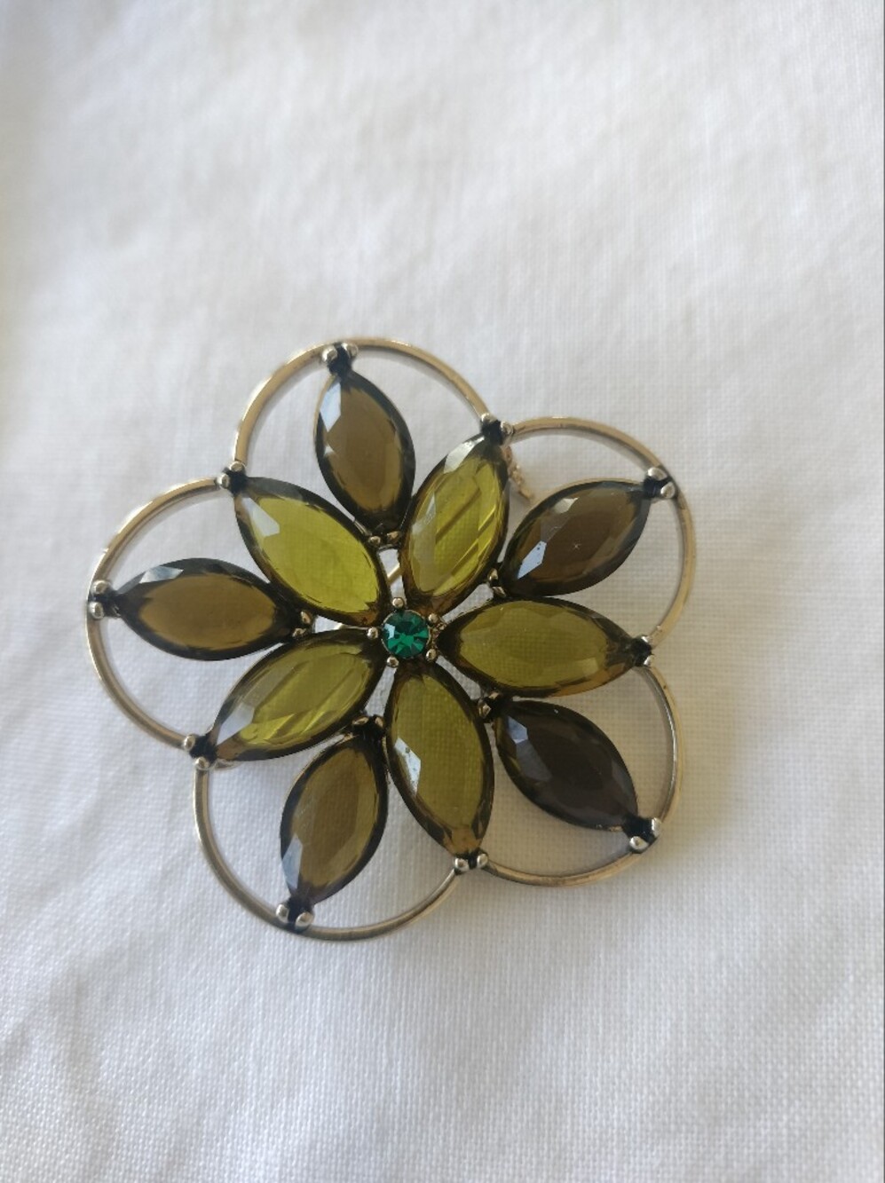 Amber Green Monet Marked Brooch-Vintage-Blue Center-marquis